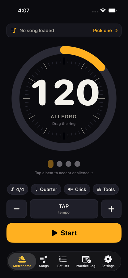 The native metronome at 120 BPM, with beat accents, meter and subdivision controls, tap tempo, and Start