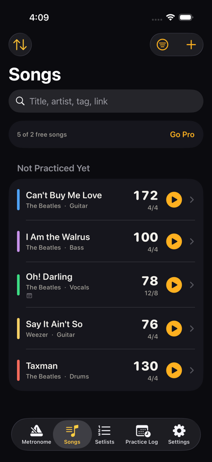 The native Songs library with saved songs, their tempos, genres and reference counts, plus search and sorting