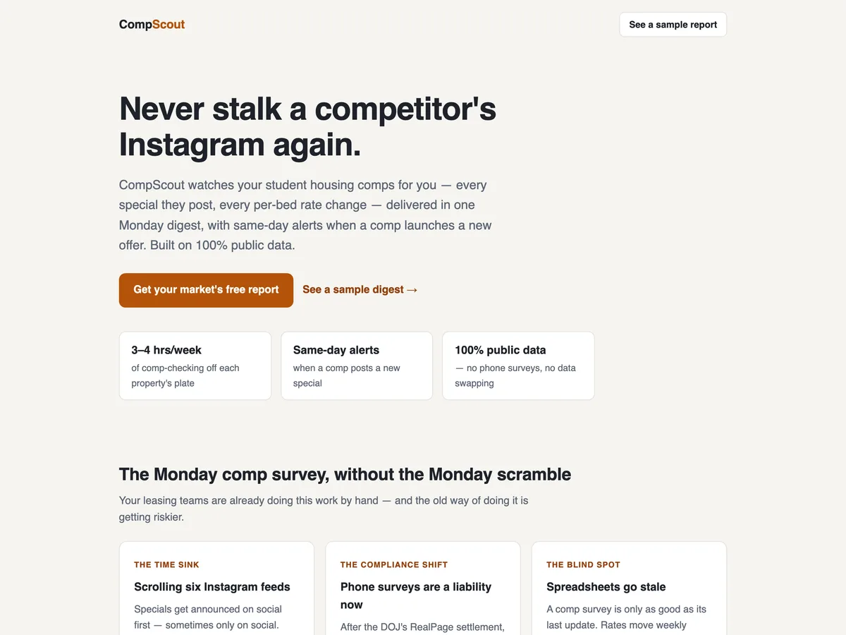 The CompScout home page: &ldquo;Never stalk a competitor&rsquo;s Instagram again&rdquo;