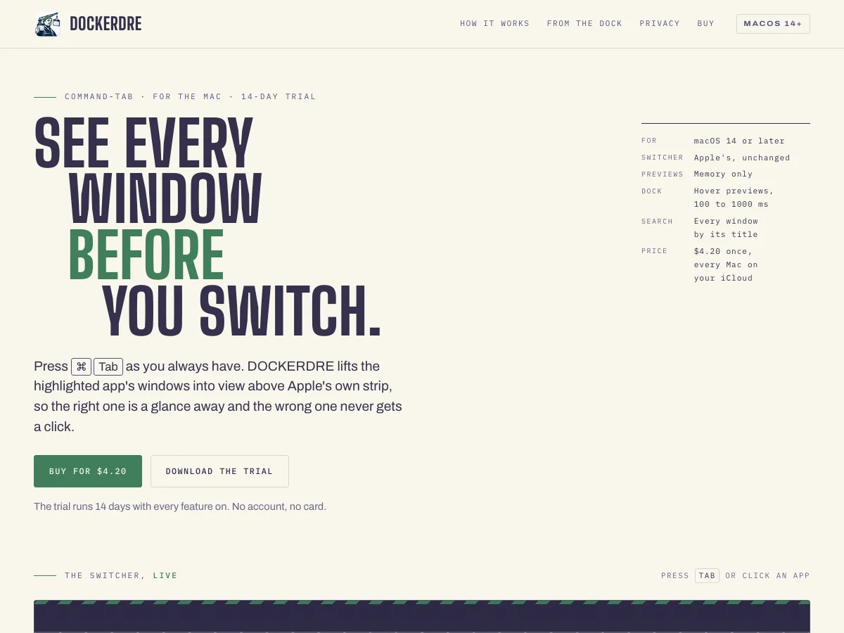 The DOCKERDRE home page: &ldquo;See every window before you switch.&rdquo;