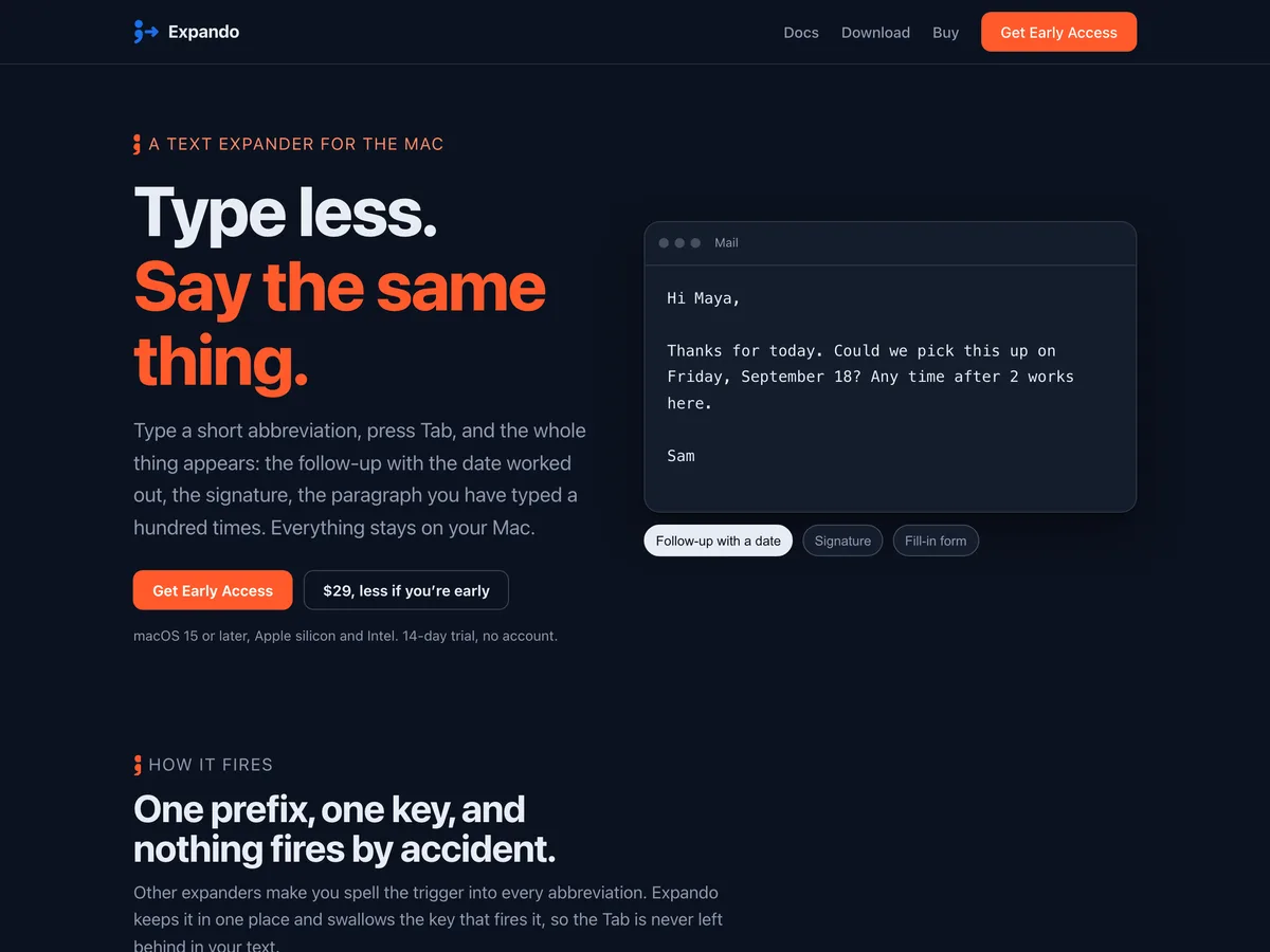 The Expando home page in dark mode: a Mail window where a typed abbreviation has expanded into a dated follow-up, beside “Type less. Say the same thing.”