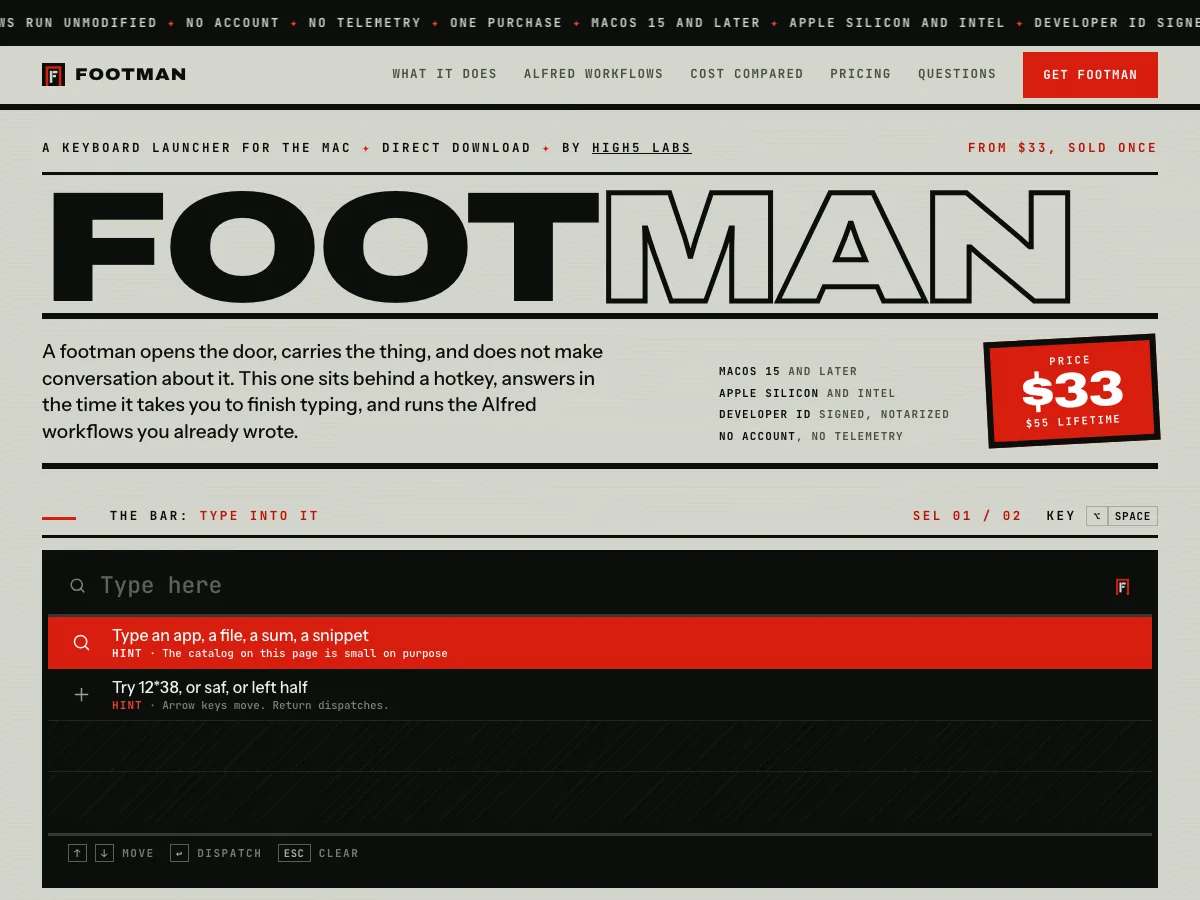 The Footman home page: the FOOTMAN wordmark, a $33 price tag, and the launcher bar waiting for a search