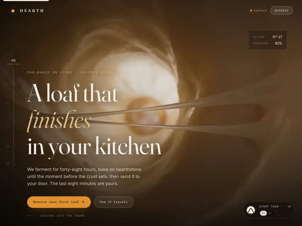 The Hearth home page: &ldquo;A loaf that finishes in your kitchen&rdquo; over a warm close-up of an open crumb