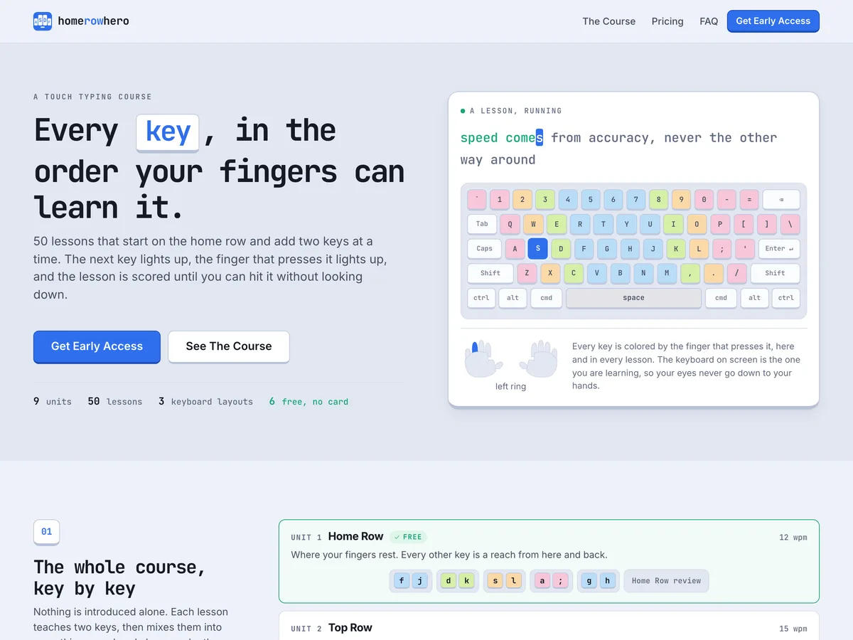 The Home Row Hero home page in dark mode: the course that introduces the keyboard one key at a time