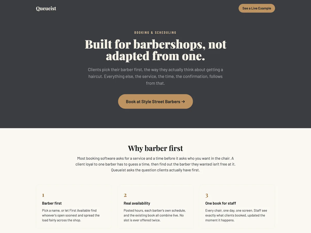 The Queueist home page: &ldquo;Built for barbershops, not adapted from one&rdquo;