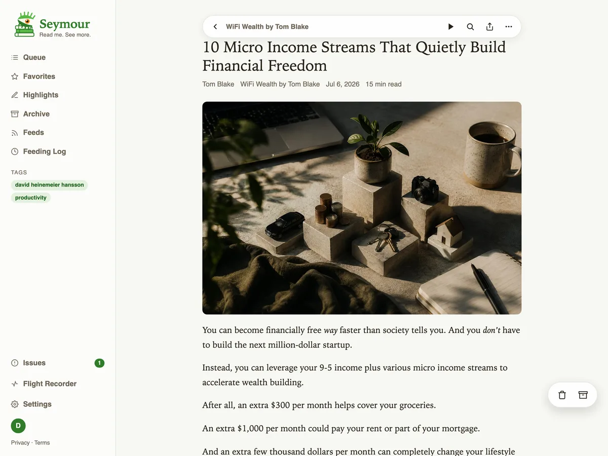 The Seymour reader: a cleaned-up article with a listen control, beside a sidebar of queue, favorites, highlights and archive