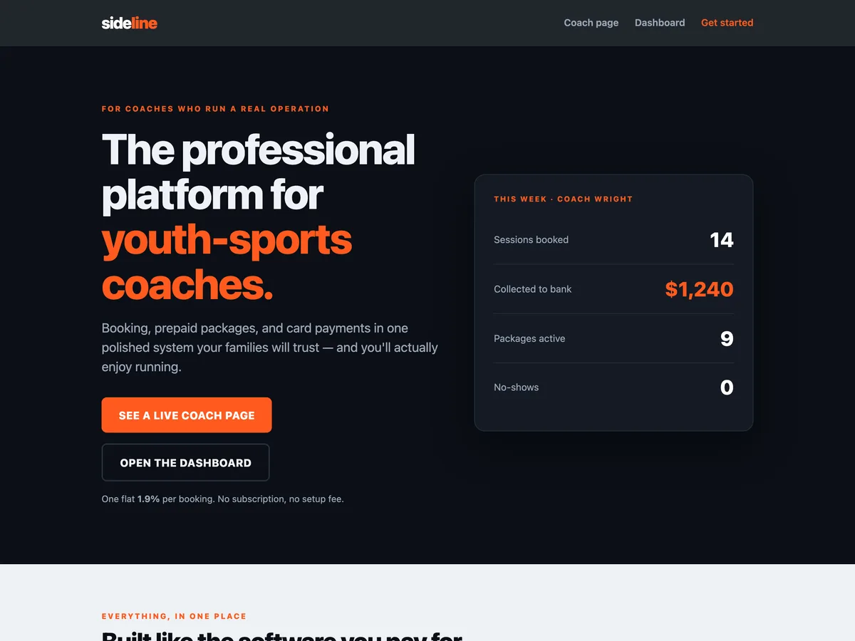 The Sideline home page in dark athletic style, beside a week of booked sessions and payouts