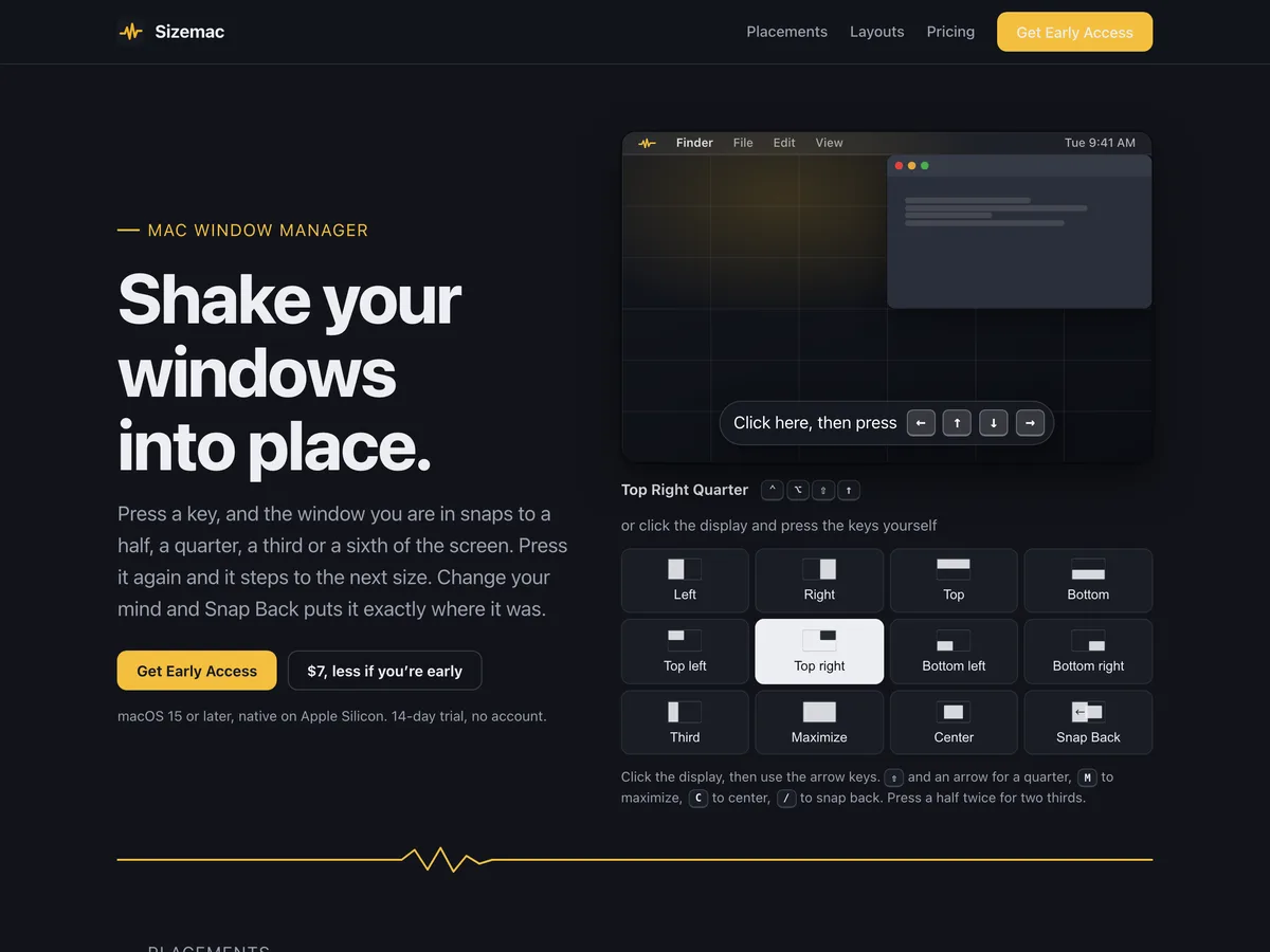 The Sizemac home page in dark mode: a display being tiled by the arrow keys beside “Shake your windows into place”
