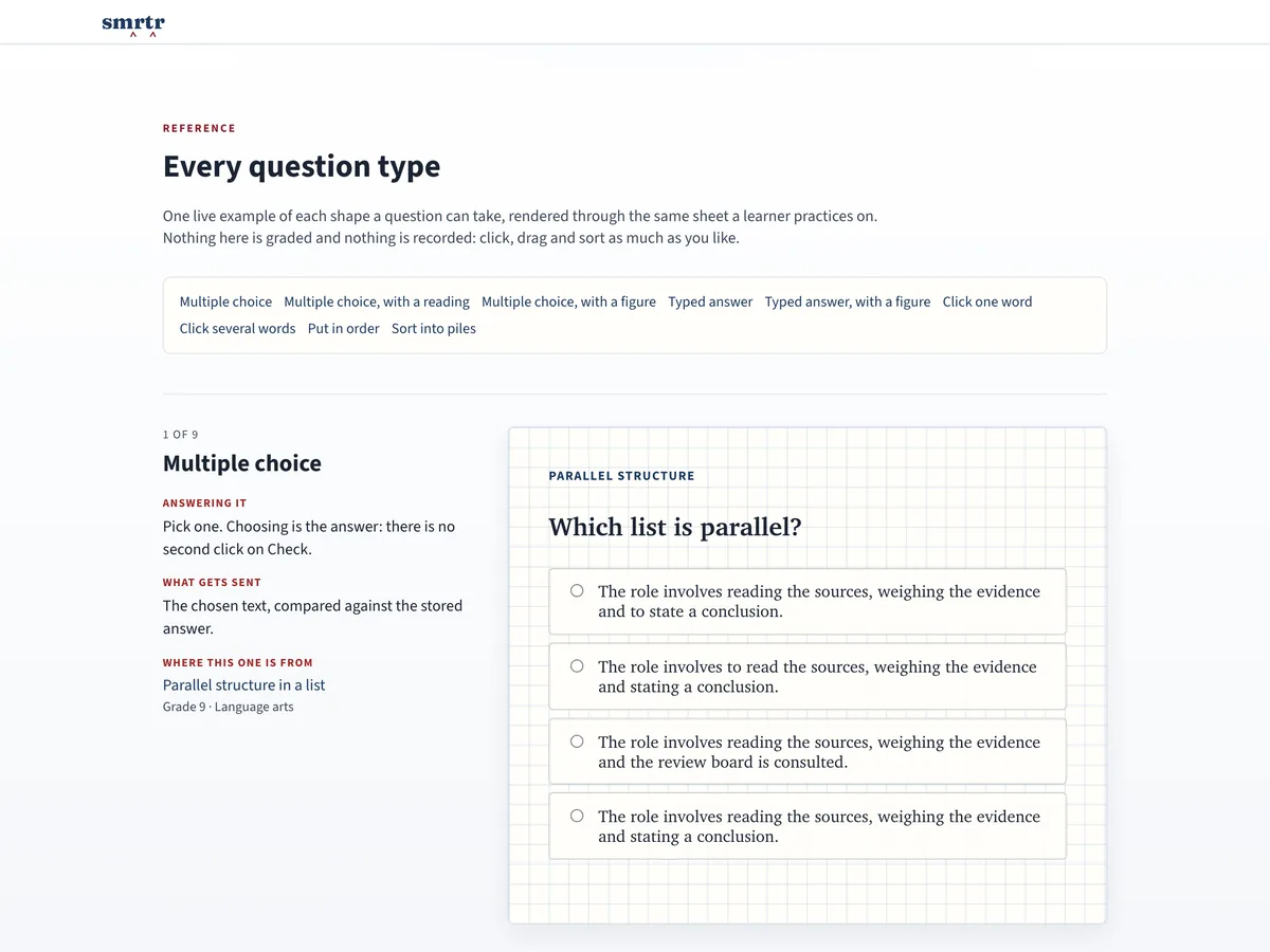 The smrtr question-type reference: a parallel-structure multiple choice rendered on graph paper
