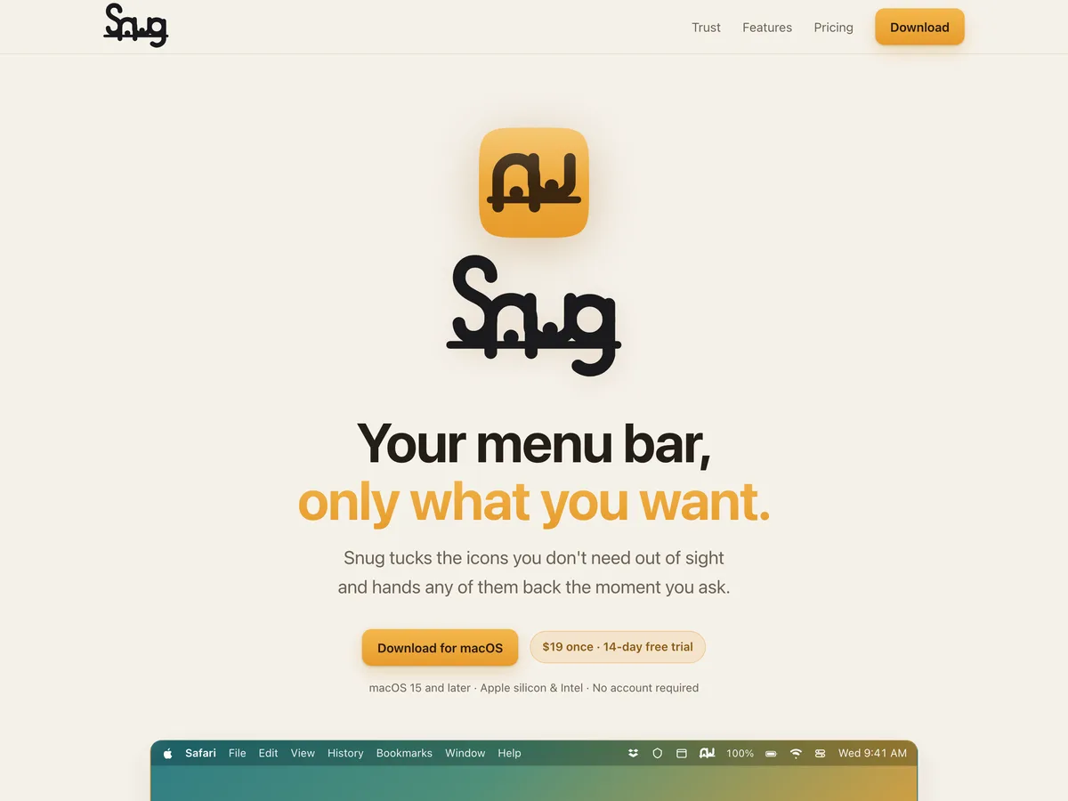 The Snug home page: the Snug wordmark over &ldquo;Your menu bar, only what you want&rdquo;