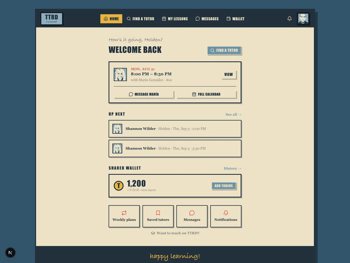 The TTRD family home screen in retro letterpress style: the next lesson, upcoming sessions, and a shared token wallet